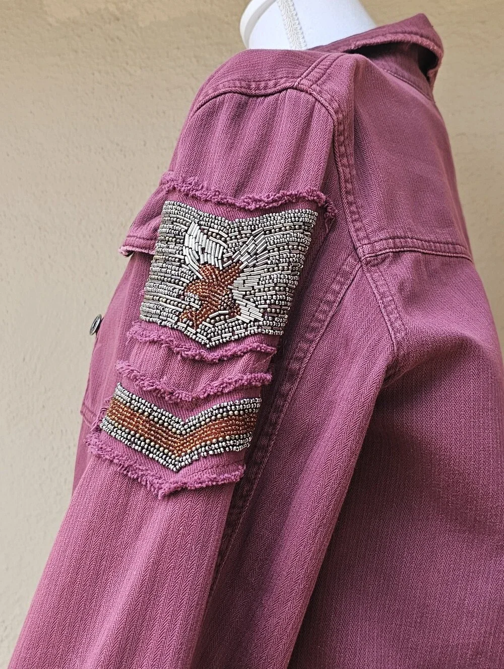 Free People Buttom Down Maroon Shacket W/ Beaded Patch Sz XS